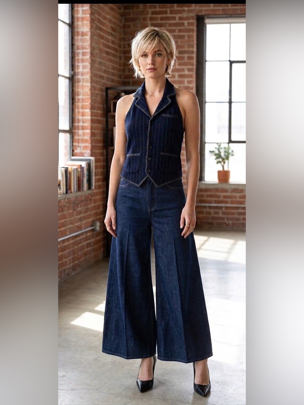 RARE Ralph Lauren Rugby 100% Merino Wool Women's Open Back Pinstriped Vest Sz S